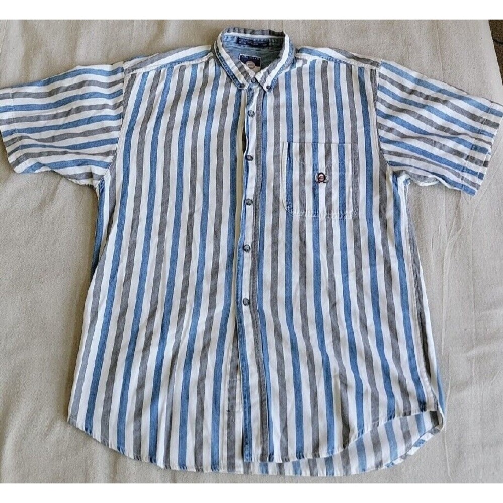 Coliseum Jeans Shirt Mens M Striped Blur Gray White Casual Grunge‎ Hipster 90s